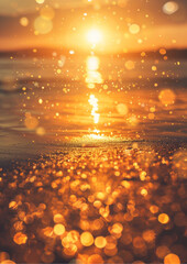 A beach background at sunset with warm golden light, gentle sparkles, floating dust particles, elegant summer light overlay, and a sunset beach background