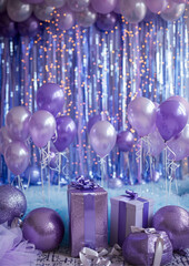 Luxurious pastel purple and lavender birthday backdrop filled with glossy balloons and ribbon-tied gift boxes