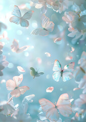 Elegant pastel background with soft white-blue tones, delicate butterflies fluttering through the air, translucent angel feathers floating gently, and light pastel flower petals drifting around