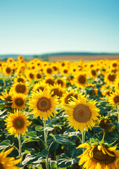 Fototapeta premium A sunny clear sky, soft gradient from light blue to white, vibrant field of sunflowers, and golden yellow petals with rich green stems and leaves, elegant and dreamy atmosphere