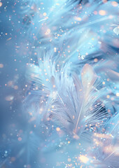 A dreamy and elegant atmosphere is soft white angel feathers floating and swirling against a luxurious pastel blue fantasy background filled with sparkling glitter, shimmering particles