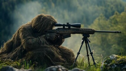 A camouflaged soldier in a ghillie suit aims a sniper rifle from a rocky position in a forested area. The scene captures military precision and focus. - Powered by Adobe