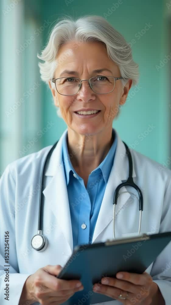 Poster a female scientist holding a tablet in a lab setting, possibly conducting research or analyzing data