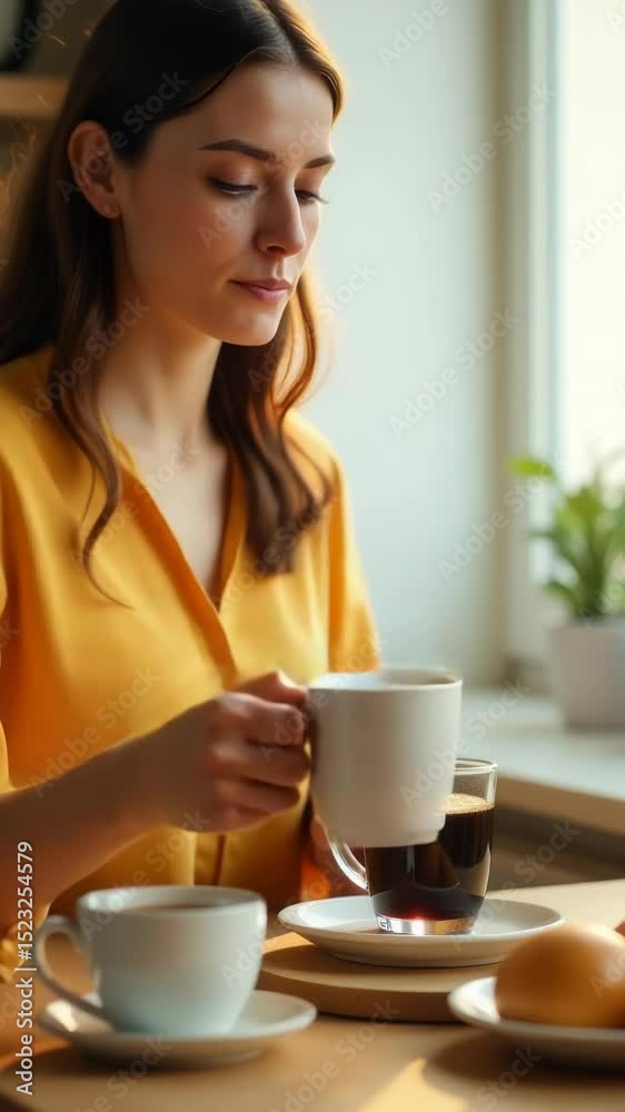 Poster a person enjoying a morning routine with a warm beverage, suitable for lifestyle or editorial use
