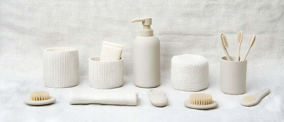 Naklejka premium Minimalist Beige Bathroom Accessories On White Background