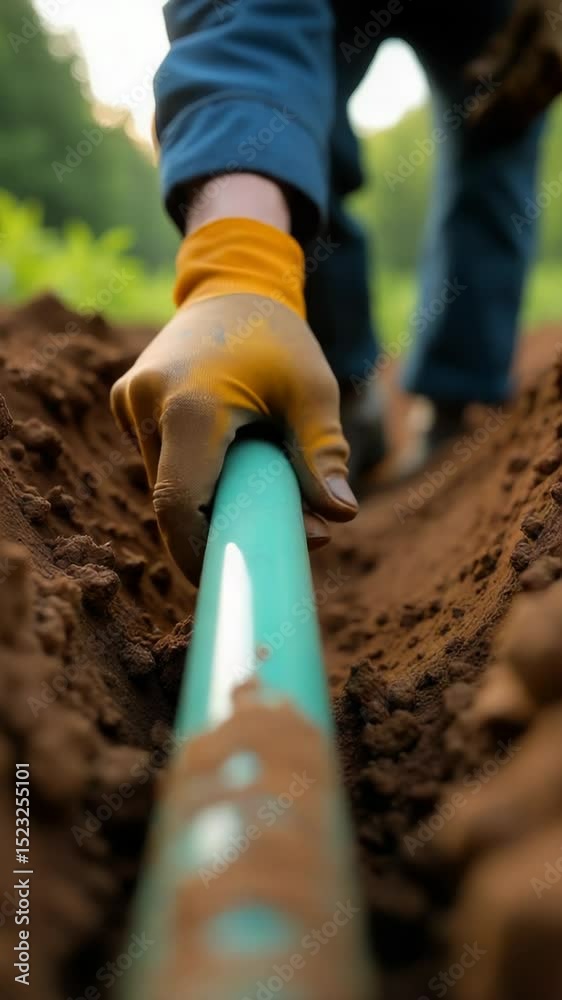 Poster A person digging or fixing a pipe in a muddy environment