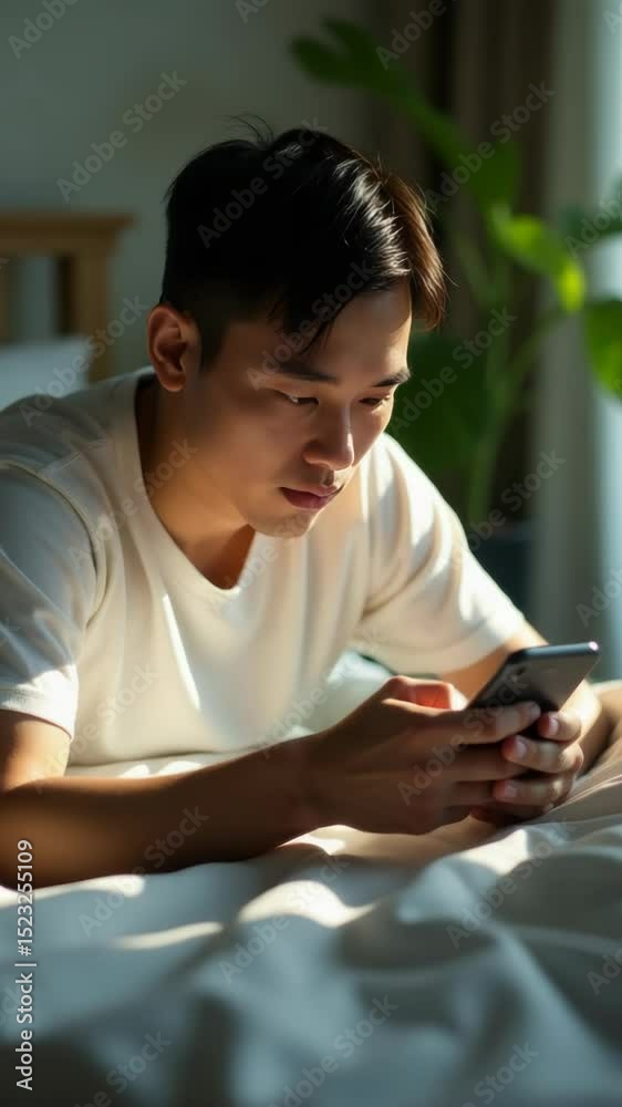Poster a person relaxing in bed with their smartphone, possibly checking notifications or watching videos