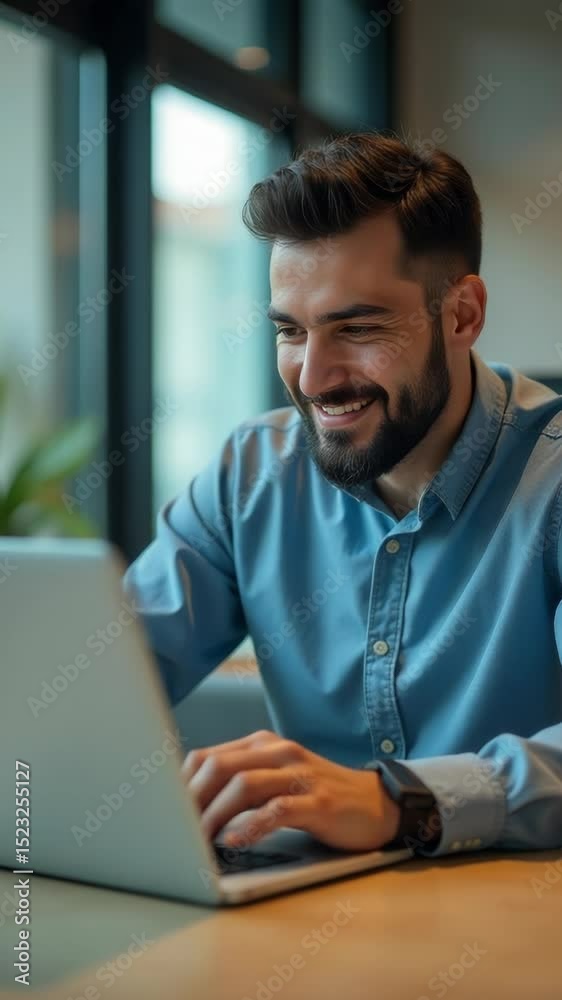 Aufkleber A person smiling while working on a laptop computer