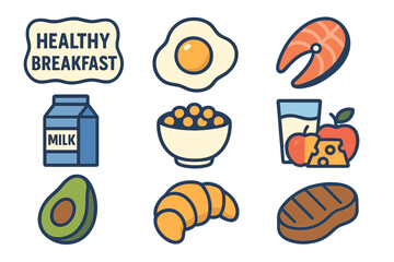 Protein food is depicted in a set of healthy breakfast icons using flat vector graphics