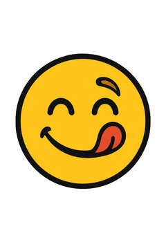 The tasty eating emoji face has a yummy smile while eating with its mouth and tongue, relishing the delicious gourmet taste