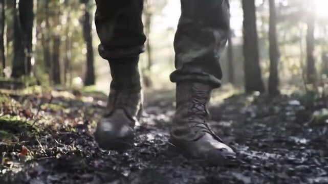 Soldier trudges through muddy terrain during training exercises in a dense forest