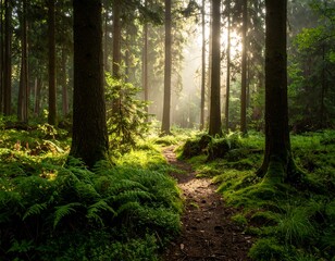 Fototapeta premium Misty forest path bathed in sunlight