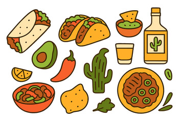 Mexican cuisine is showcased through a set of isolated food elements, encompassing a range of traditional meals such as burritos, tacos, and guacamole, along with an array of meats, vegetables, and