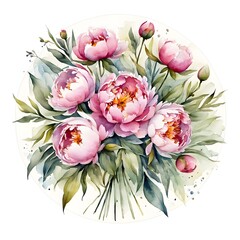 Watercolor painting with a bouquet of peonies in a circle.