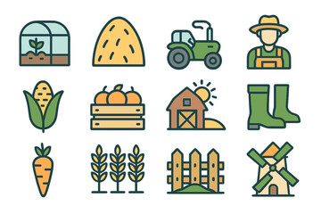The Farm, Farming, Agriculture icon set is comprised of outline icons, including those for Greenhouse, Haystack, Harvest, and more, in a simple vector format