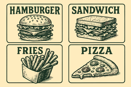 A collection of vector illustrations featuring fast food, including hamburgers, sandwiches, fries, and pizza, is available in different design styles such as vintage pencil sketch and engraving