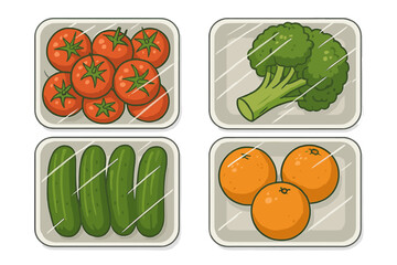 A set of vector cartoons depicting fresh food in styrofoam containers and plastic trays, containing fruits and vegetables wrapped with transparent film, typically seen in stores and supermarkets