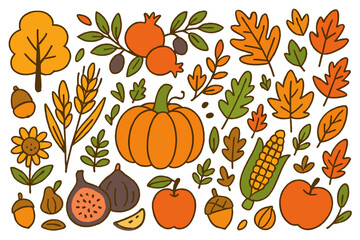 Cute freehand drawings of autumn objects, such as fruits and vegetables, harvest, trees, leaves, plants, pumpkin, pomegranates, figs, and nuts, can be used to create posters or cards with vector