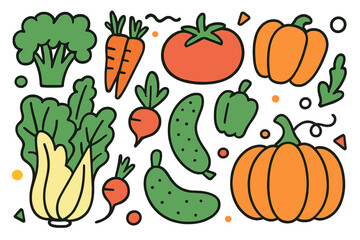 Illustrate vegetables in outline form using doodles, with black lines on a transparent background, in a vector graphic
