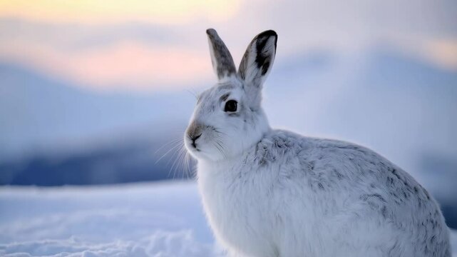 Alert white hare sitting on snowdrift against soft gradient sky on cold winter day, looking sideways in natural habitat, camouflage adaptation