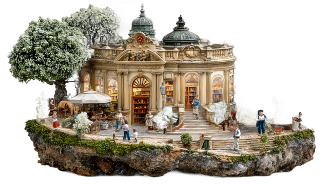 Enchanting Miniature Bookstore with Classical Architecture and Figures