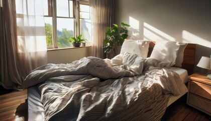 unmade bed in a room with rumpled bed messy disheveled bedroom interior home decor linens rumpled undone laziness