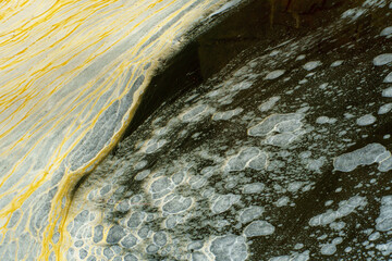 Dirty foam on the surface of the water. Pollution of water bodies by waste from the chemical industry. Environmental pollution, background.