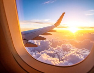 Fototapeta premium Airplane wing view from window at sunset