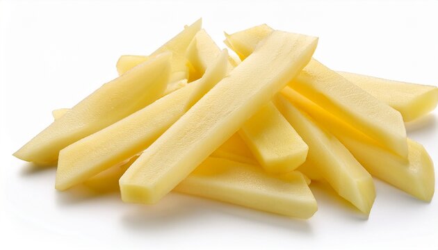 pile of freshly cut raw potato sticks isolated on white background ready for cooking