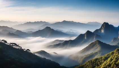 layout overlay transparent majestic mountains under clear sky with rolling fog