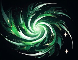 abstract white green spiral flame burning sparks anime on plain dark black background illustration