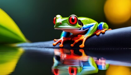 colorful tree frog with red eyes on water