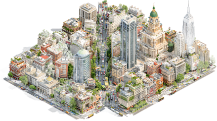 Isometric View of a Detailed Bustling Cityscape Illustration