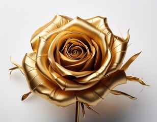 golden dried rose with curled petals and stem on a white background