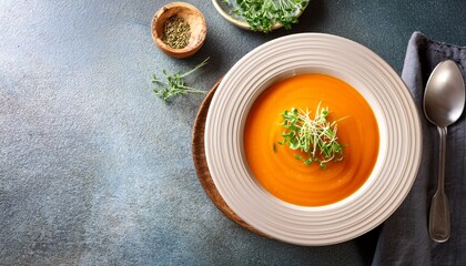 creamy carrot soup garnished with microgreens