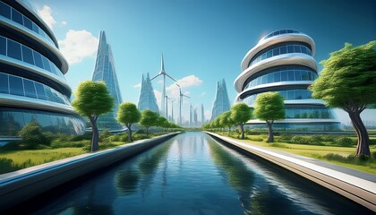 a modern landscape featuring a water canal flanked by trees with contemporary buildings in the background under a clear blue sky sustainable futurism