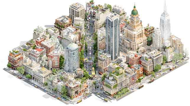 Isometric View of a Detailed Bustling Cityscape Illustration