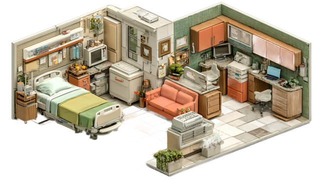 Isometric View of a Hospital Room with Medical Equipment and Furniture - Powered by Adobe