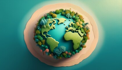 3d render of a pastelcolored earth with lush green forests and clean oceans soft daylight top view