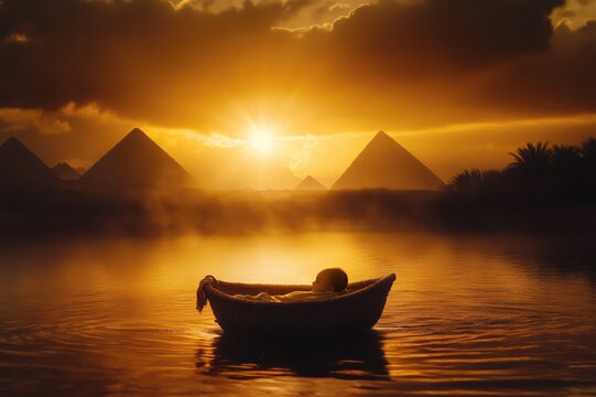 Baby Moses Floating in Basket Against Pyramids of Egypt, Bible Concept