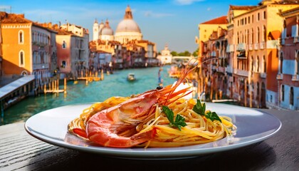 a taste of italy linguini with shrimp a delectable italian dish served on a terrace in venice offering a culinary experience with stunning canal views