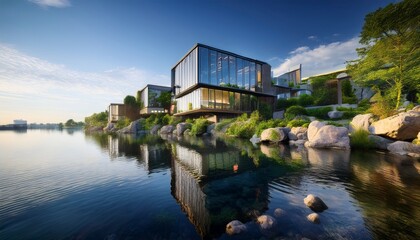 modern waterfront buildings with large glass windows surrounded by greenery and rocks reflecting a serene atmosphere along the water s edge sustainable futurism