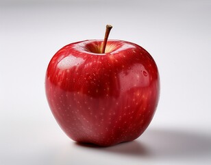 a vibrant red apple sits on a white background showcasing its glossy skin and natural shine