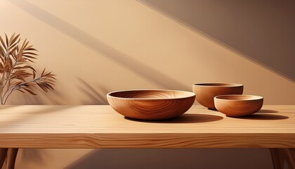 ai generated illustration of wooden bowls and plates on a table with a modern minimalist design
