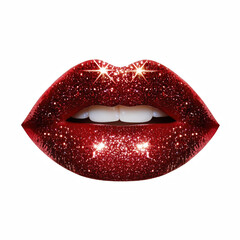 Obraz premium Glossy red glitter lips with sparkles, isolated on transparent background.