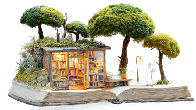 Miniature Bookshop Diorama on Open Book with Trees and Figure