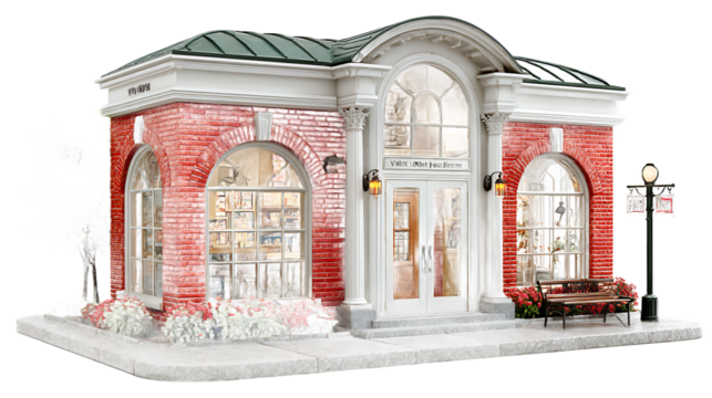 Miniature Brick Building with Arched Windows and a Bench