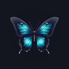 A vibrant blue butterfly, wings spread, against a dark background.  Detailed illustration