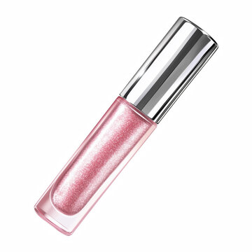 Pink shimmer lip gloss in clear tube with silver cap, isolated on white background.
