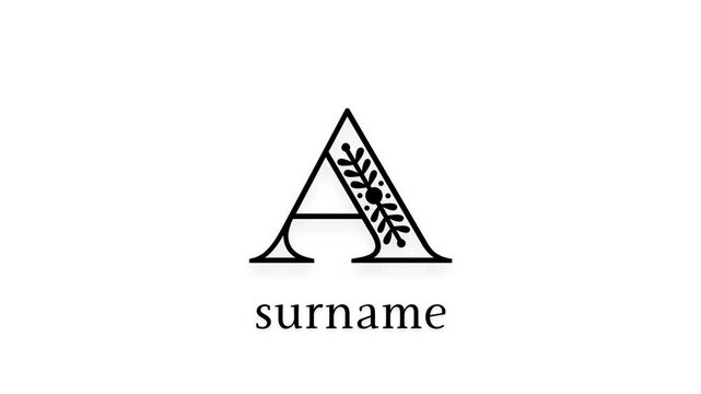 Animated A surname text on white background 4k video created in adobe after effects with clean minimal elegant typography